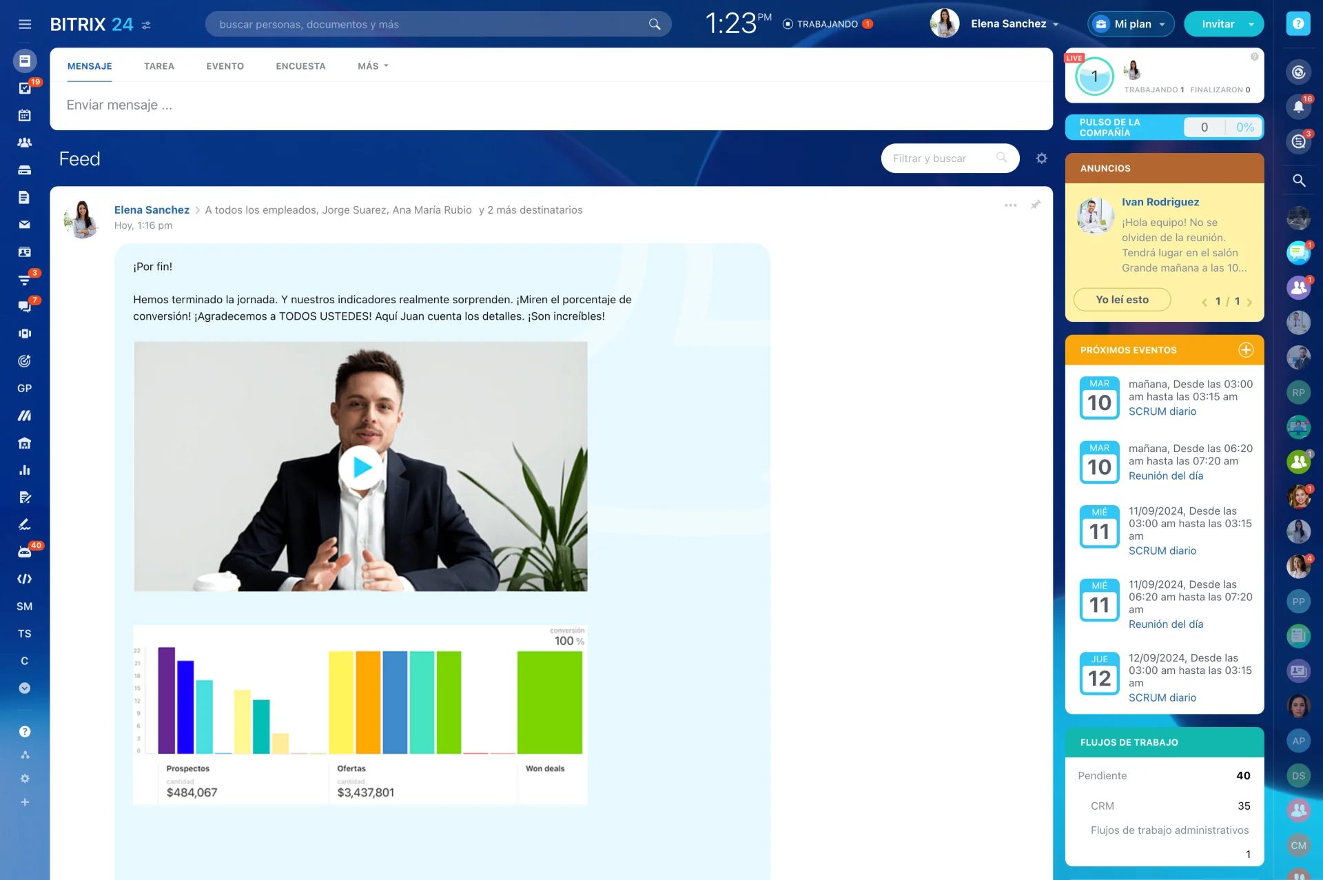Feed de actividad con actualizaciones del equipo, notificaciones de tareas y noticias de la empresa