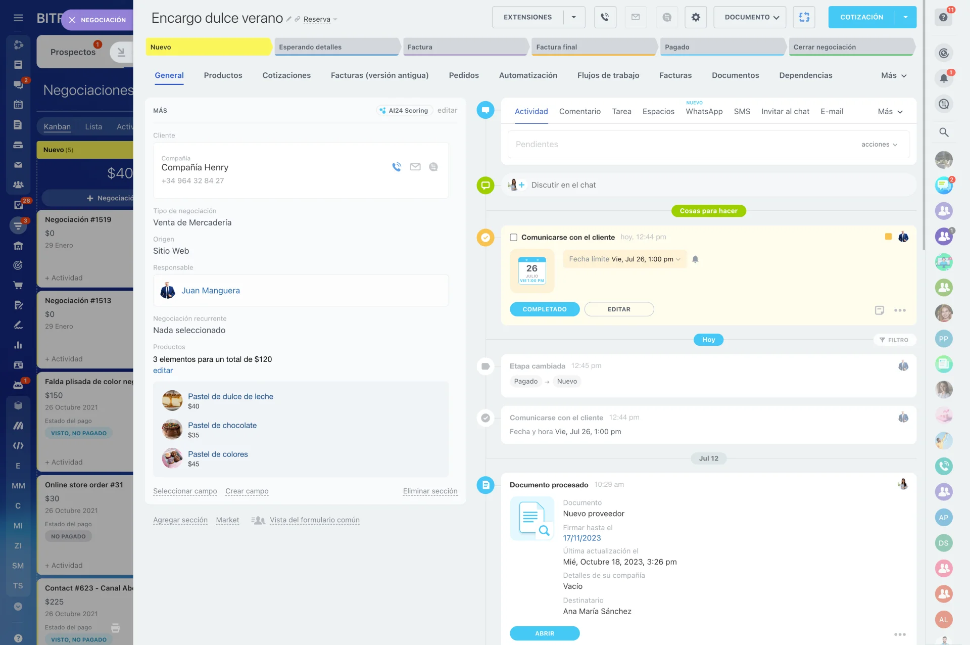 Gestión de negocios en CRM con etapas de venta y seguimiento de oportunidades