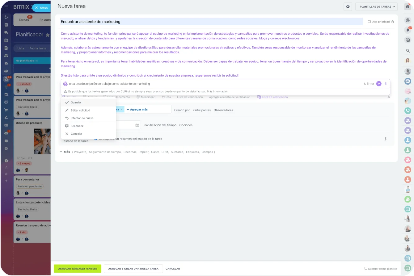 Copiloto de IA en la gestión de tareas para generar descripciones y listas de verificación